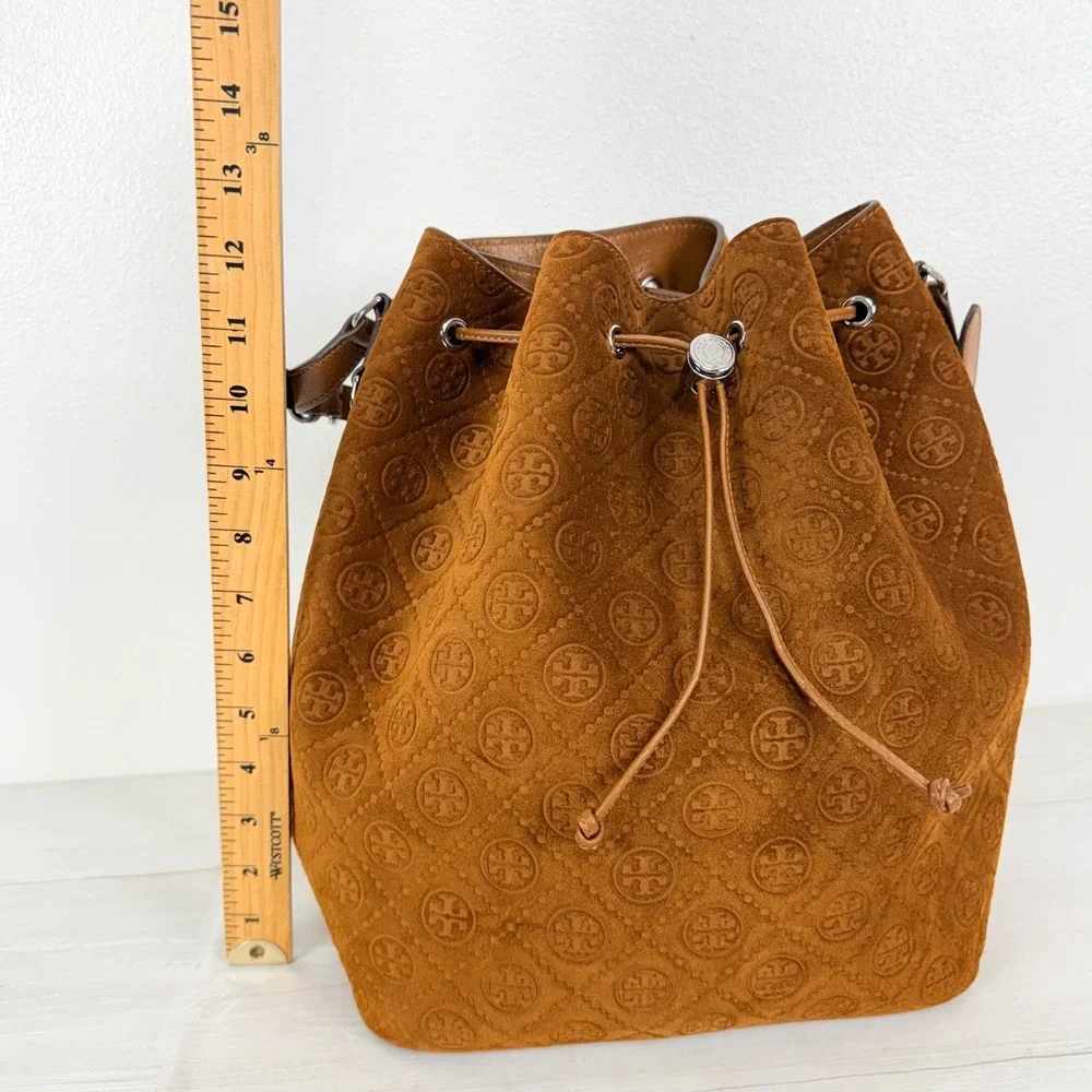 NWT Tory Burch T Monogram Suede Oversized Bucket Bag OS Chicory Brown Drawstring